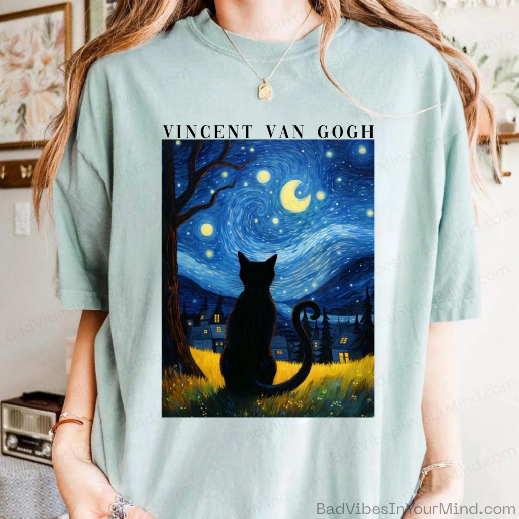 Vincent Van Gogh Starry Night Cat T-shirt, Van Gogh Painting Vintage Fashion, Aesthetic Clothing, Van Gogh Art Lover, Dark Academia